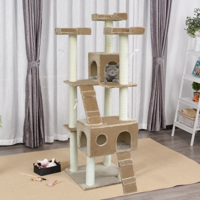 PawHut 71-Inch Cat Tree Furniture Pet Tower House with Scratch Post and Condo, Beige