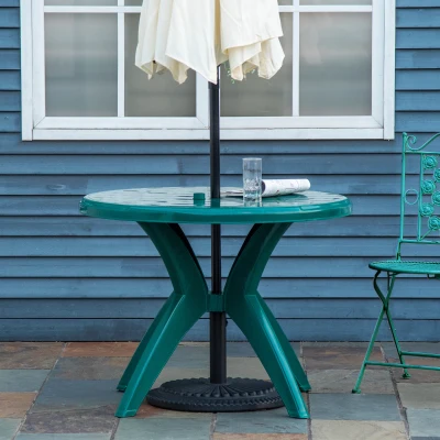 Outsunny 36" Round Outdoor Patio Table with Umbrella Hole, Green