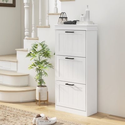 HOMCOM Slim Shoe Cabinet with 3 Flip Drawers and Adjustable Shelves, Narrow Shoe Cabinet for 15 Pairs of Shoes, White