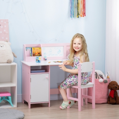 Qaba 2Pcs Kids Desk and Chair Set with Whiteboard, Storage, Shelves, Pink