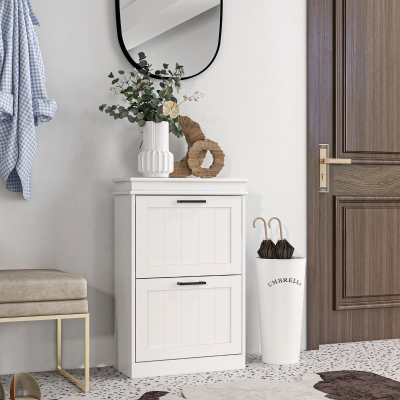 HOMCOM Shoe Storage Cabinet with 2 Flip Drawers and Adjustable Shelves, Narrow Shoe Cabinet for 10 Pairs of Shoes, White