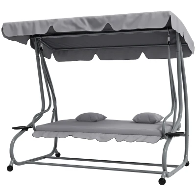 Outsunny Outdoor 3-Seater Patio Swing Chair, Outdoor Swing Seat, with Adjustable Canopy and Two Pillows for Garden, Light Grey