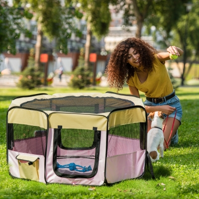 PawHut 49-inch Large Exercise Puppy Pet Playpen Portable Dog Cat Pet Play Pen Pet Cage Tent Kennel Crate Pink Carry Bag Included