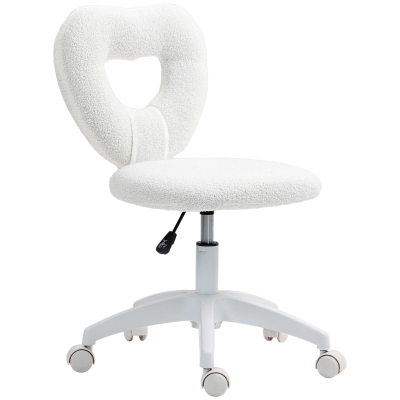 HOMCOM Armless Computer Desk Chair, Office Task Chair, Teddy Fleece Heart Makeup Vanity Chair with Swivel Wheels, White