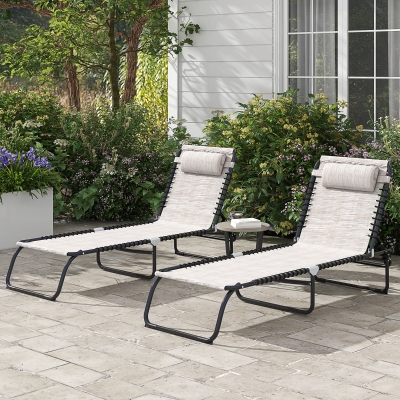 Outsunny 2 PCs Folding Lounge Chairs, Adjustable Chaise Lounges with Headrest for Camping, Hiking, Cream White