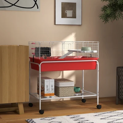 PawHut 33" Two-Story Small Animal Cage with Wheels, Red