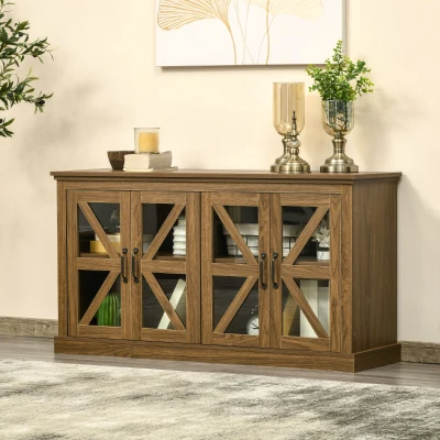 HOMCOM Sideboard Buffet Cabinet w/ Glass Doors & Adjustable Shelf, Natural