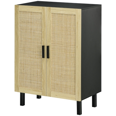 HOMCOM Boho Kitchen Buffet Cabinet with Rattan Doors, Black/Natural