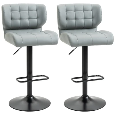 HOMCOM Swivel PU Leather Barstools Set of 2 Adjustable Bar Stools with Footrest Back for Kitchen Counter Dining Room Grey