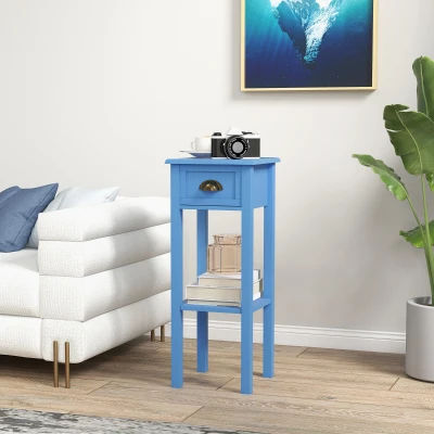 HOMCOM 2-Tier Side Table with Drawer & Shelf, Light Blue