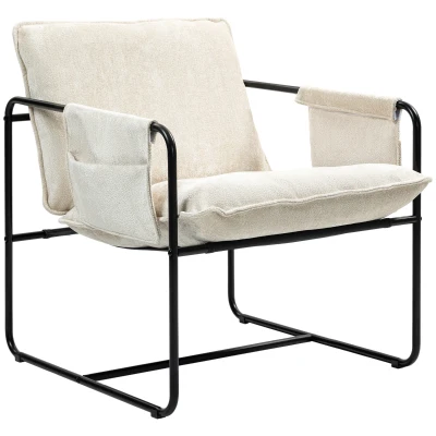 HOMCOM Modern Accent Chair, Upholstered Armchair with Side Pockets and Steel Frame, Comfy Reading Chair for Bedroom, Beige