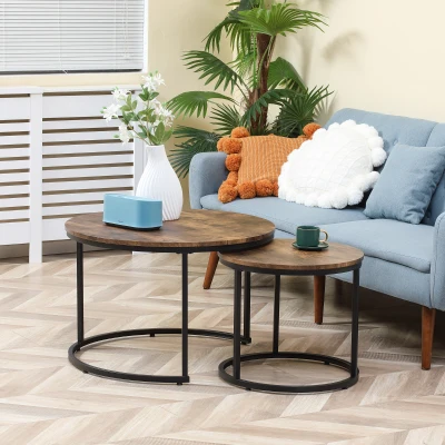 HOMCOM Round Nesting Coffee Table Set of 2, Rustic Brown, Metal Frame