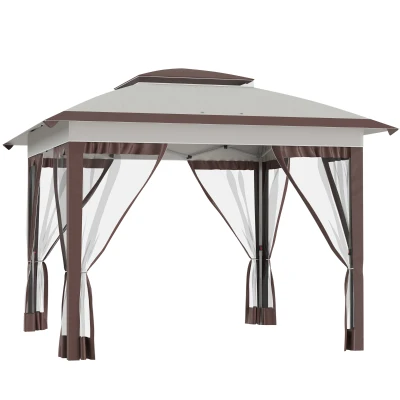Outsunny 12' x 12' Pop Up Canopy Sun Shade Instant Tent Folding with Mesh Sidewalls, 3-Level Adjustable Height and Storage Bag, Beige