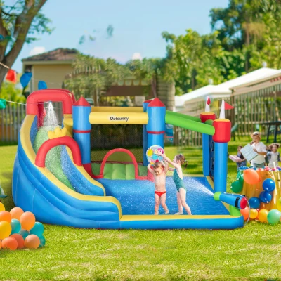 Outsunny 6-in-1 Inflatable Bounce House with Slide, Kids Water Slide