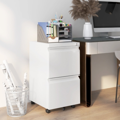 Vinsetto Mobile Vertical Filing Cabinet with Lock, 2-Drawer Steel File Cabinet with Adjustable Hanging Bar for Letter, A4 and Legal Size, White