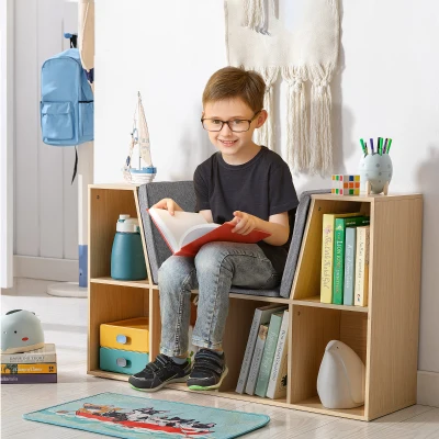 HOMCOM 6-Cubby Kids Bookcase with Cushion, Natural Storage