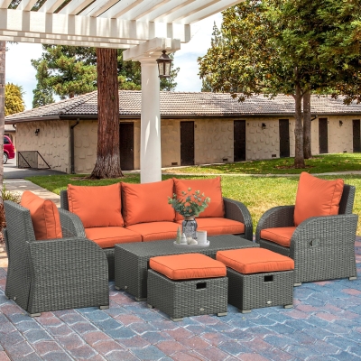 Outsunny Patio Furniture with Cushions, 6 Pieces PE Wicker Patio Sectional Furniture Conversation Set w/ a Three-Seat Sofa, 2 Recliner Chairs, 2 Footstools & Table, Orange