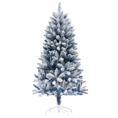 HOMCOM 5ft Flocked Blue Christmas Tree, Artificial Christmas Tree with Hinged Design, Faux Snow, for Home Office Holiday Xmas
