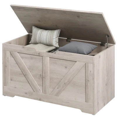 HOMCOM 31.5 Inches Storage Chest, Storage Trunk with 2 Safety Hinges, Wooden Box for Living Room, Grey Wood Grain