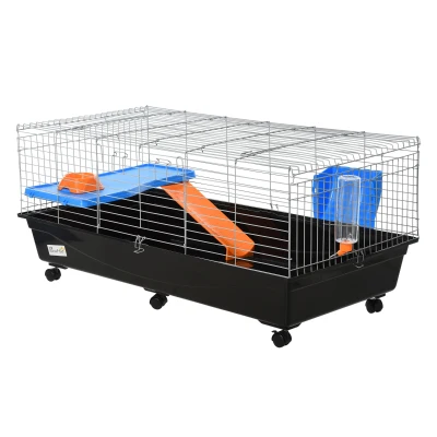 PawHut 47" Small Animal Cage, Rolling Guinea Pig Cage with Food Dish, Water Bottle, Hay Feeder, Platform, Ramp, Black