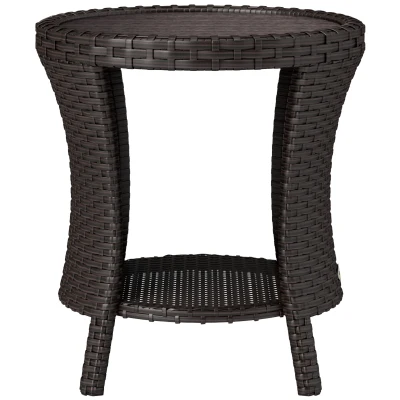 Outsunny 18" Wicker Outdoor Coffee Table, PE Rattan Patio Side Table with 2-Tier Storage, Composite Wood Top, Brown
