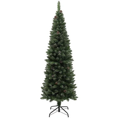 HOMCOM 6ft Artificial Pencil Christmas Tree with 618 Branches, Pinecones, Metal Stand, Realistic Xmas Tree for Home