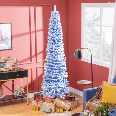 HOMCOM 7.5ft Flocked Christmas Tree, Pencil Christmas Tree with Realistic Branch Tips, Folding Metal Stand, Blue
