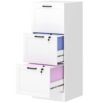 HOMCOM 3 Drawer Filing Cabinet with Lock, Office Storage Cabinet with Adjustable Hanging Bars for A4 Letter Size Files, White