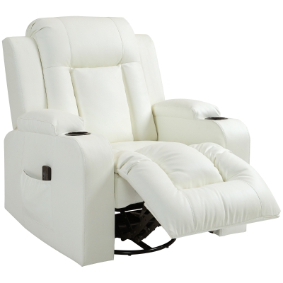 HOMCOM Swivel Massage Recliner Chair Rocker, Overstuffed Manual Reclining Sofa, PU Leather Rocking Chair with Side Pockets, Cup Holders, for Living Room, Nursery, Cream White
