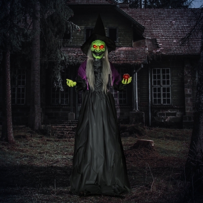 HOMCOM 5.9' Life Size Decoration Animatronic Old Witch Outdoor Halloween, Sound and Motion Activated w/ Light Up Eyes
