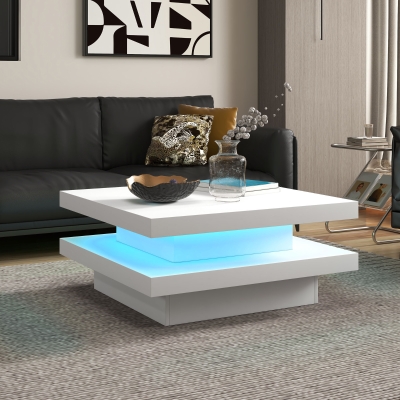 HOMCOM Square Coffee Table with 7 LED Lights and Remote, 2-Tier Modern Center Table for Living Room, White