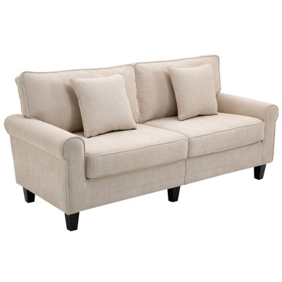 HOMCOM Modern 3 Seater Sofa, Corduroy Fabric 3 Seater Couch with Pine Wood Legs and Rolled Armrests for Living Room, Beige