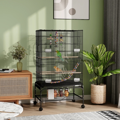PawHut 43" Bird Cage with Rolling Stand, Toys, for Budgies Canaries Black