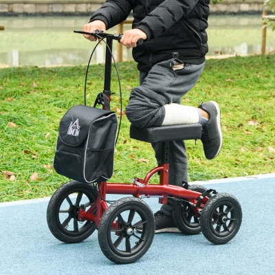 HOMCOM Adjustable Steerable Knee Walker, Foldable Knee Scooter with Rubber Wheels, Dual Brake, Crutch Alternative, Red