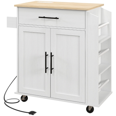 HOMCOM Rolling Island with Wheels for Kitchen, Kitchen Island on Rollers with Power Outlets, Drawer and Doors