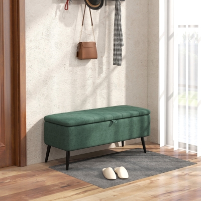 HOMCOM 40" Ottoman with Storage, Linen Upholstered Storage Ottoman Bench with Steel Legs for Living Room, Bedroom Dark Green