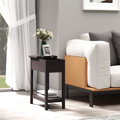 HOMCOM Narrow End Table, Flip Top Storage, Dark Coffee