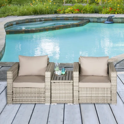 Outsunny 3-Piece Patio Furniture Set, Gray Wicker Table & Chairs