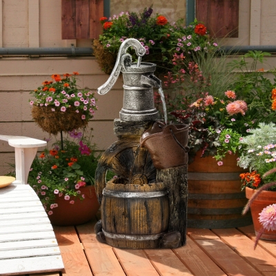 Outsunny Rustic Waterfall Fountain with Old Fashion Pump Barrel Wheel, 3-Tier Cascading Outdoor Fountain with Adjustable Flow, Decorative Water Feature for Zen Garden, Deck, Porch