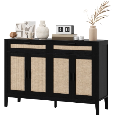 HOMCOM Boho Sideboard Cabinet with Rattan Doors & Drawers, Black