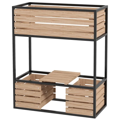 Outsunny Elevated Planter Box, Wooden Raised Garden Bed with Storage Shelf for Flowers, Vegetables, Herbs, Light Brown