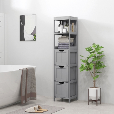 kleankin Narrow Bathroom Cabinet with 3 Drawers and 2 Tier Shelf, Tall Cupboard Freestanding Linen Tower, Grey