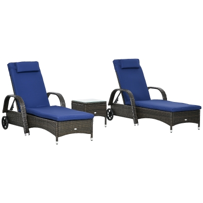 Outsunny Patio Rattan Lounge Set, Wheeled Wicker Chaise Lounge Chair and Table with Tempered Glass Top, Dark Blue