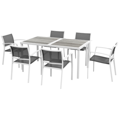 Outsunny 7 Pieces Outdoor Dining Set with 6 Stackable Chairs, Patio Table and Chairs with Plastic Top, Breathable Mesh Seat Back
