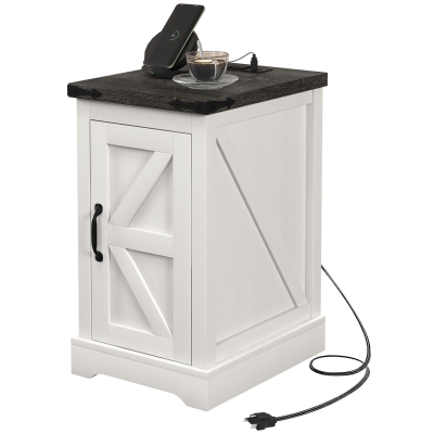 HOMCOM Farmhouse End Table with Storage & USB Ports, White