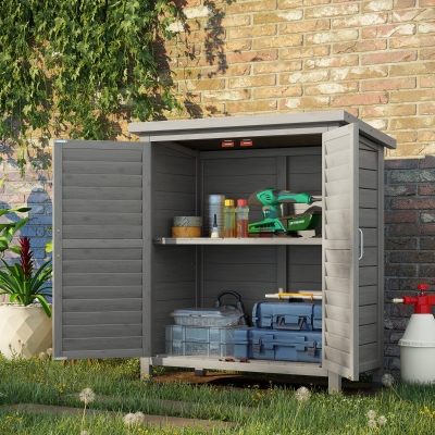 Outsunny Wooden Garden Storage Shed Kit Wood Garage Tool Organisation Cabinet with 2 Door , 34" x 18" x 38", Grey