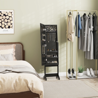 HOMCOM Free Standing Armoire Organizer, Lighted Mirrored Jewelry Cabinet w/ Angle Adjustable & 16 LED Lights Black