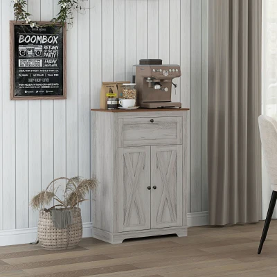 HOMCOM Farmhouse Storage Cabinet with Doors & Drawer, Light Gray
