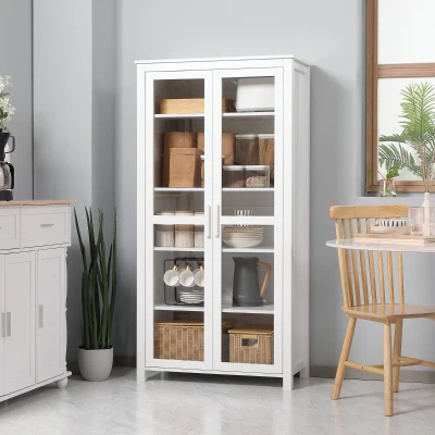 HOMCOM 63" Kitchen Pantry Cabinet with Glass Doors & Shelves, White