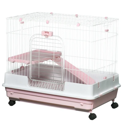 PawHut 32"L 2-Level Small Animal Cage with Universal Lockable Wheels, Pink